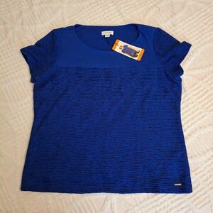 Calvin Klein Women's XXL Blue Mesh Overlay Double Layer Tee Shirt Short Sleeve